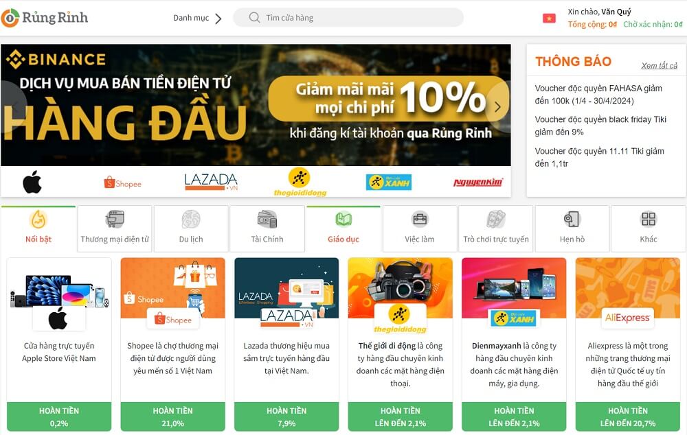 Website kiếm tiền với tiếp thị liên kết thông qua cashback